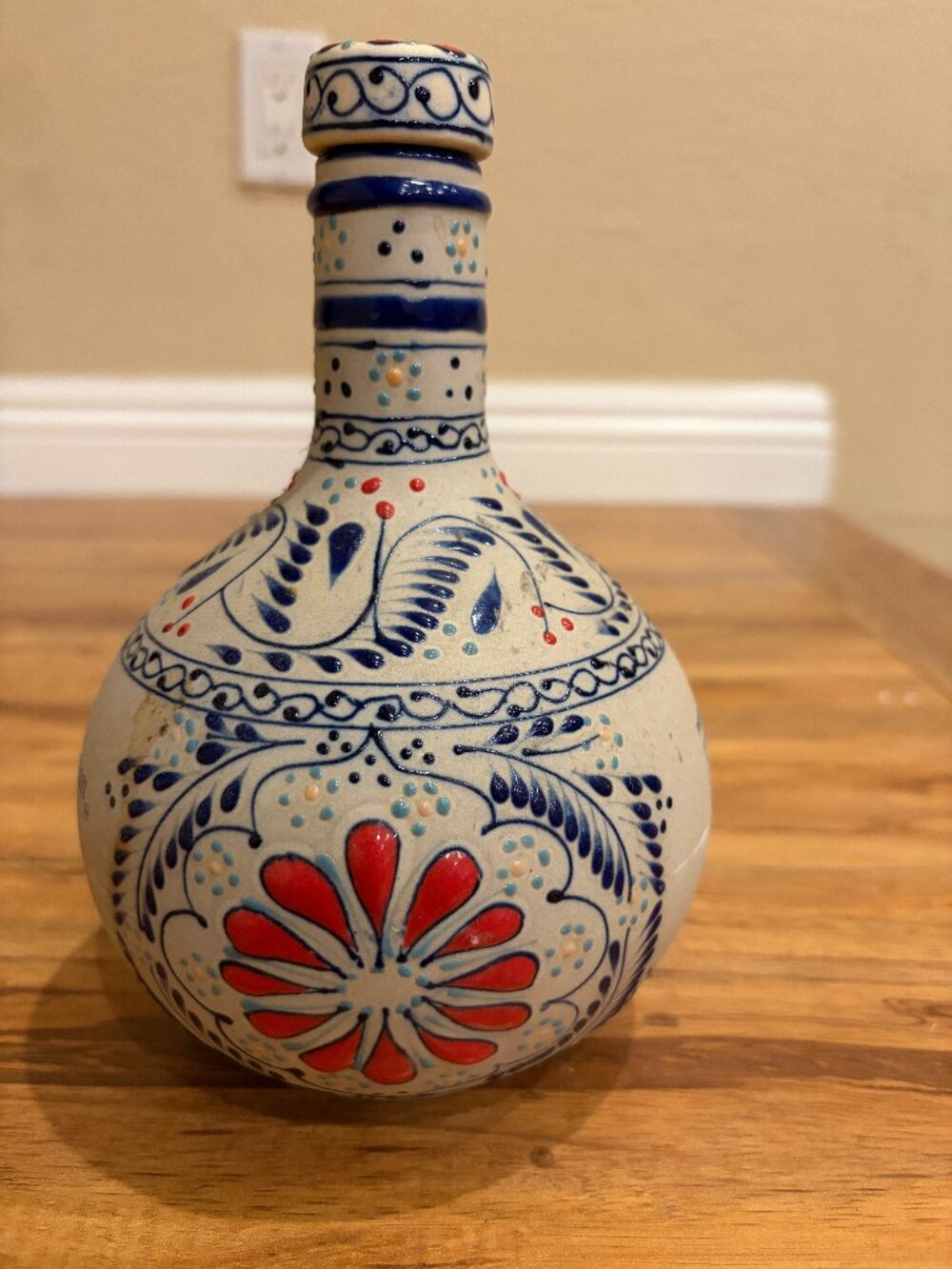 Grand Mayan Ultra Aged Empty Tequila Bottle 750ml Floral Painted Stoneware Blue